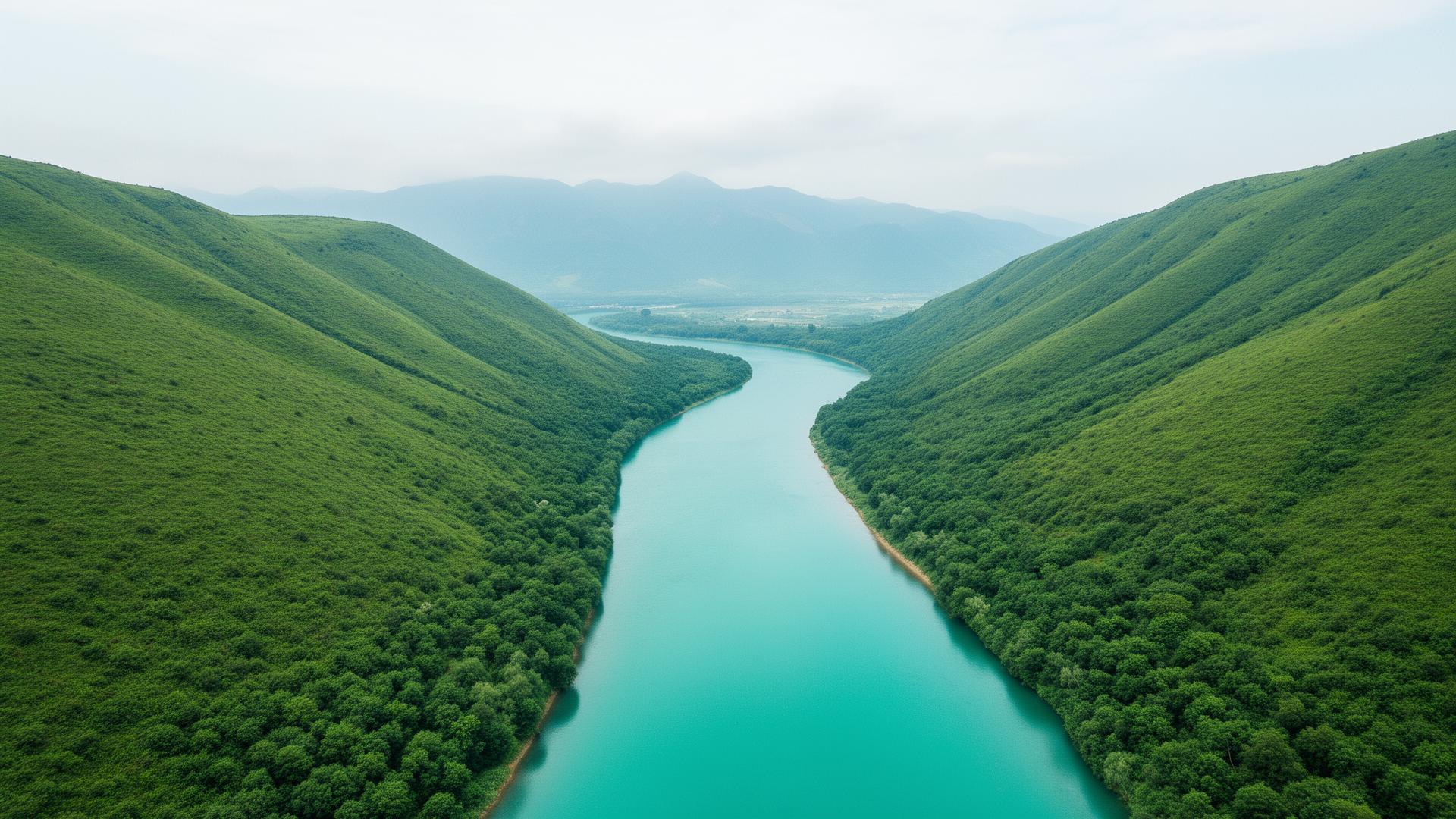 Aerial view of a turquoise river whose bends spell the letters S and T through green valleys